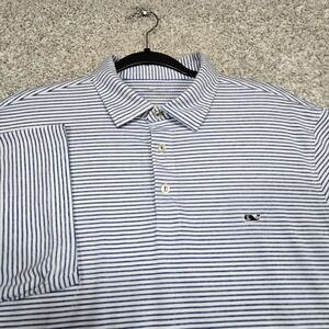 Vineyard Vines Men's Large Polo On The Go Sankaty Blue White Striped OTG stretch
